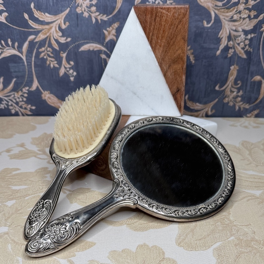 Vintage Estate Ornate Floral Heavy Silver Plated Vanity Set Brush & Mirror